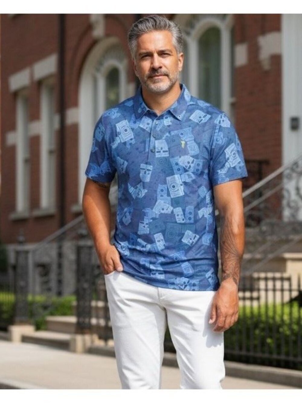 William Murray Sz Large Candid Camera Performance Golf Mens Blue AOP Polo Shirt
